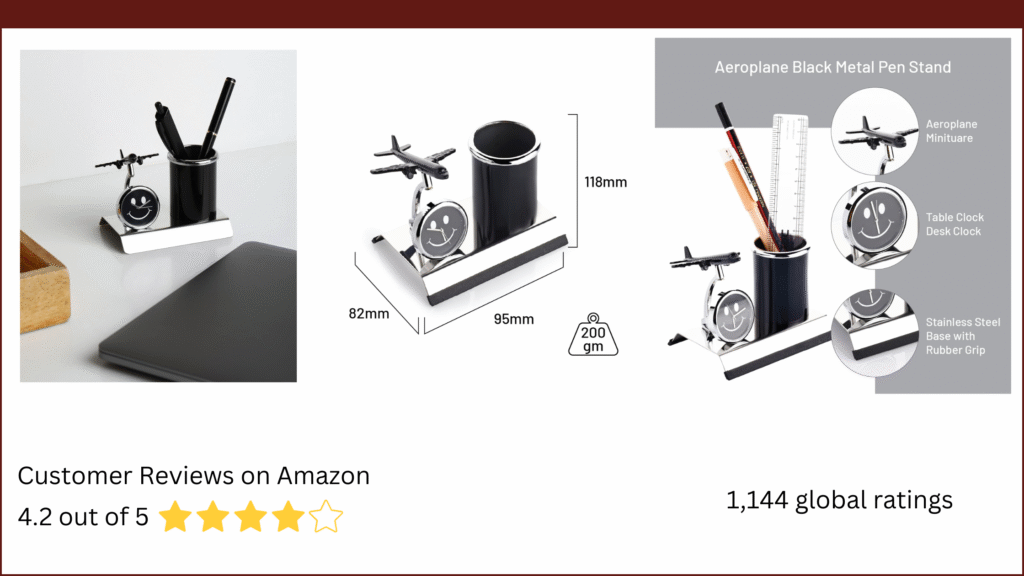 Aeroplane Miniature Metal Pen Stand with Clock